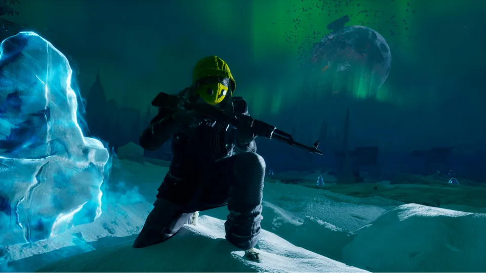 Aurora over Permafrost's frozen wasteland beneath the shattered moon