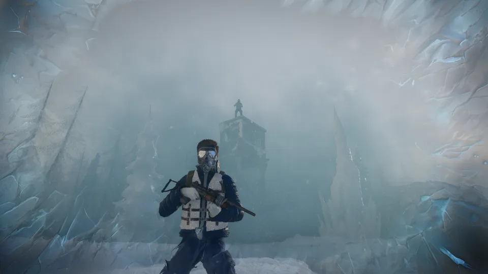 Permafrost gameplay: a masked survivor with a rifle before a frozen watchtower